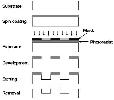 Fig.  1.8 Experimental steps of photolithography: spin coating, exposure, development, etching and removal