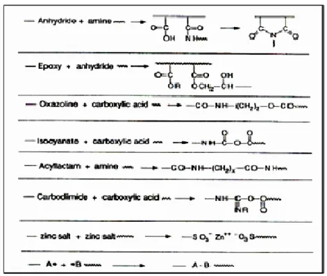 Tableau II-1 : Exemples de réactions chimiques classiques utilisées pour la  compatibilisation in-situ des mélanges de polymères immiscibles [31] 