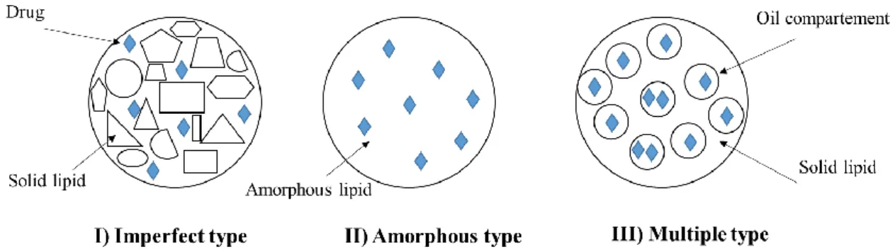 Figure 2.13. Different types of NLC: I-the imperfect type; II-the amorphous type; III-multiple  type