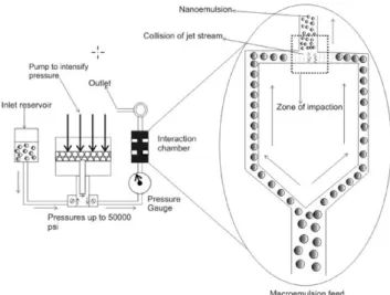 Figure 2.15. Setup and functioning of a microfluidizer for nanoemulsion formulation. Adopted  from ref [199]