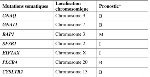 Tableau 1.3: Mutations somatiques du mélanome uvéal. Adapté de [39-46]. 