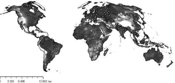 Figure 1. The 114 protected areas included in this study overlaid on the SRTM (Shuttle Radar Topography Mission) world digital elevation model (Supporting Information)