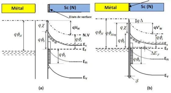 Figure I.4 – Diagramme énergétique à l’équilibre thermodynamique d’un métal et d’un semiconduc- semiconduc-teur de type n tel que qφ M  qφ S : (a) avant contact et avec états de surface, (b) après contact et avec états de surface [10]