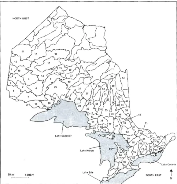 Figure  1.1  Map  of  Ontario  divided  by  tertiary  watersheds  (Cox,  1978),  with  corresponding  codes  from  Table  1.1