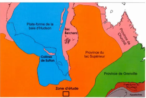 Figure  1.1  Répartition  des  différentes  provinces  géologique  dans  l'est  du  Canada  (Source : Ressources naturelles du  Canada : http:// atlas.nrcan.gc.ca/)