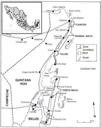 Figure 1.2  Carte de l’état du Quintana Roo montrant les différents sites touristiques  de la côte caribéenne 