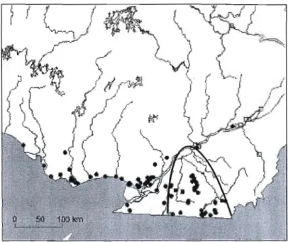 Figure  1.2  Répartition du  noyer cendré au  Québec (points  noirs)  (Centre  de  données  sur le patrimoine naturel  du  Québec,  2008)