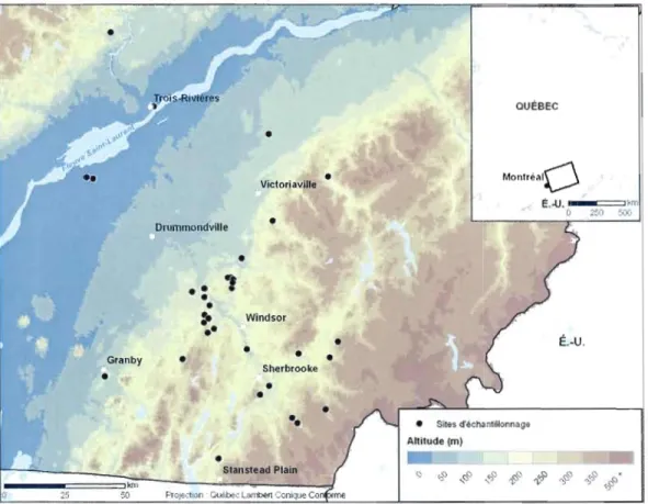 Figure 2.1  Répartition des  35  sites  échantillonnés dans  la grande région des  Cantons­