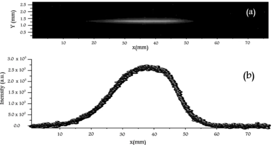 Figure 1.6: (a) Typical CCD image of the lament in air and (b) the integrated intensity prole of the lament along y direction