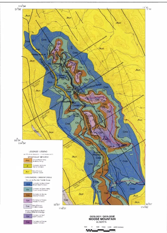Figure 4.2 :  Geological  map  of  the Carboniferous  rocks  in  the Moose  Mountain  area, Southern  Alberta Foothills, Canada.