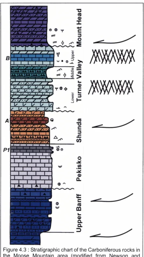 Figure 4.3 : Stratigraphie  chart  of the  Carboniferous  rocks  in the Moose  Mountain area  (modified from Newson  and Sanderson, 2000)