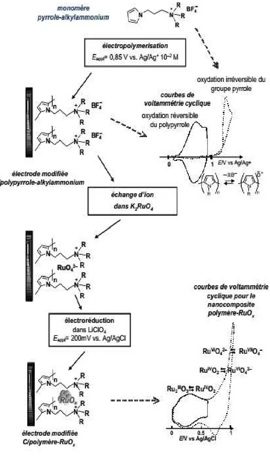 Figure 13 : Représentation  schématique  de  la  synthèse  et  de  l’activité  rédox des EM par des films de PPy-oxyde de ruthénium [68].