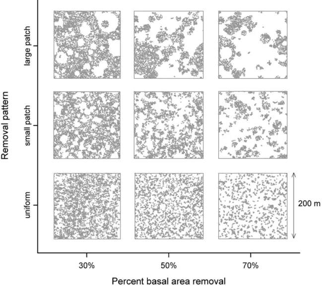 Fig. 2. Stem maps depicting examples of simulated partial harvesting at three levels of both intensity (increasing from left to right) and aggregation (increasing from bottom to top).
