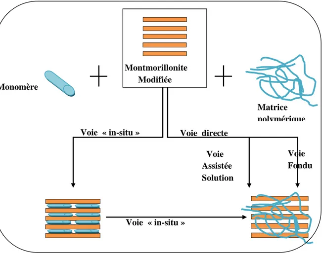 Figure .7 : Différentes voies d’élaboration de nanocomposites à base d’argiles    lamellaires modifiée [17] 