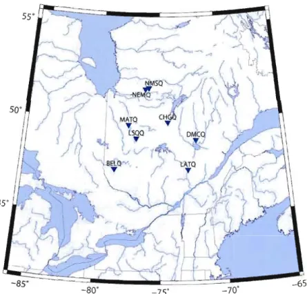 Figure 2.1 : Emplacement des stations séismiques du réseau de  l'UQÀM.  Ces  stations furent installées au  cours  des étés 2007 et 2009