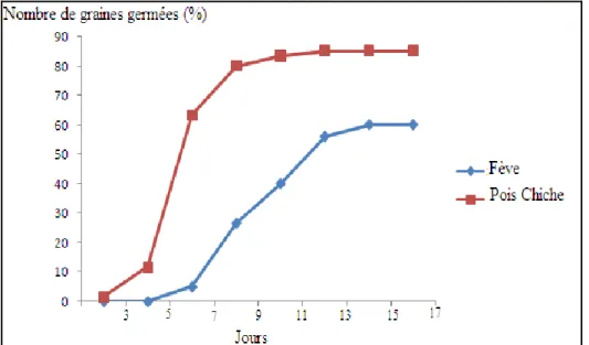 Figure 1. Evolution de la germination des graines de fève et de pois chiche sur compost sylvicole 