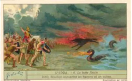Figure 7. Card 6 of the trading cards series 1050 Die Edda (1934) by Liebig Company  depicting ragnarök, the end of the Norse gods