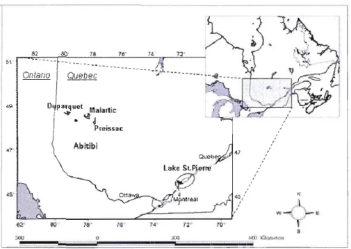 Figure 2-1  Area of study:  Lake St.Pierre and  the three Abitibi  lakes  (Preissac, Malartic  and  Duparquet) 