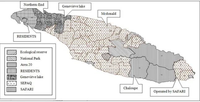 Figure  1:  Location  of  the  different  outfitters  and  the  five  hunting  zones  (RESIDENTS,  Northern-End,  Geneviève  lake,  Mcdonald  and  Chaloupe)  where  white-tailed  deer  feces  were collected from deer harvested on Anticosti Island in 2014 a