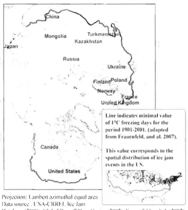 Figure  2.1  Cold  ri vers  subject  to  freezing  in  the  northern  hemisphere.  Freezing  index  is  based  on  a  continuous  long­