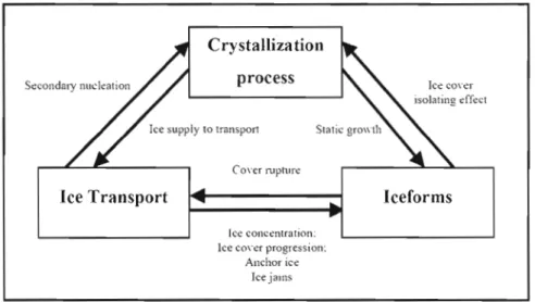 Figure 2.4  The «ice trinity»  model  between  crystallization process,  ice  transport  and  iceforms components