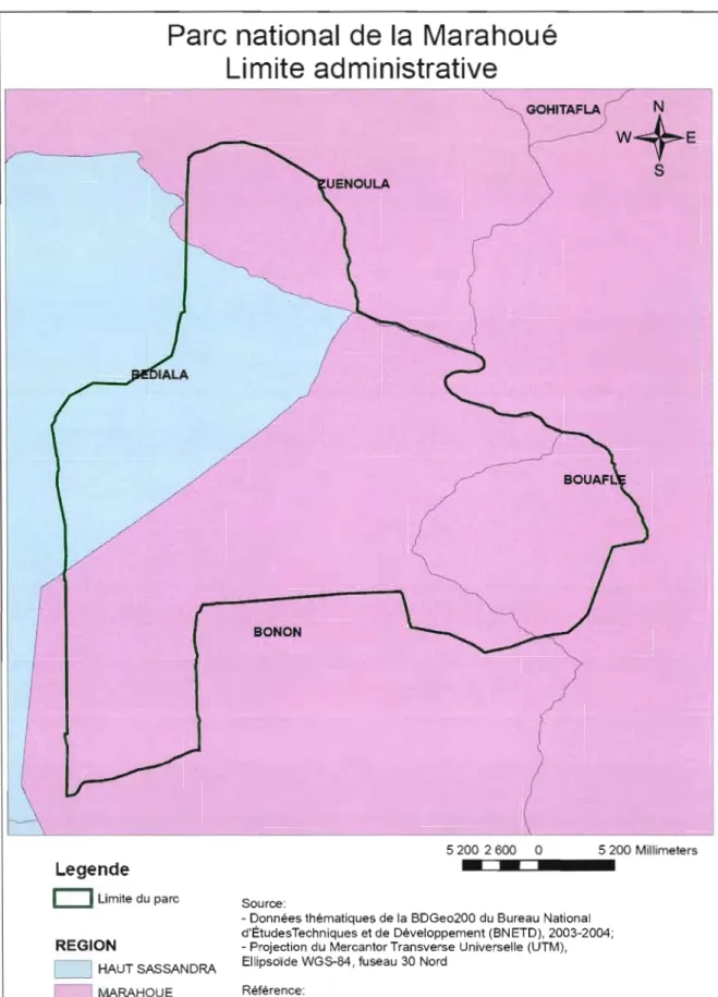 Figure 2-3:  Carte administrative du Parc national de la Marahoué 