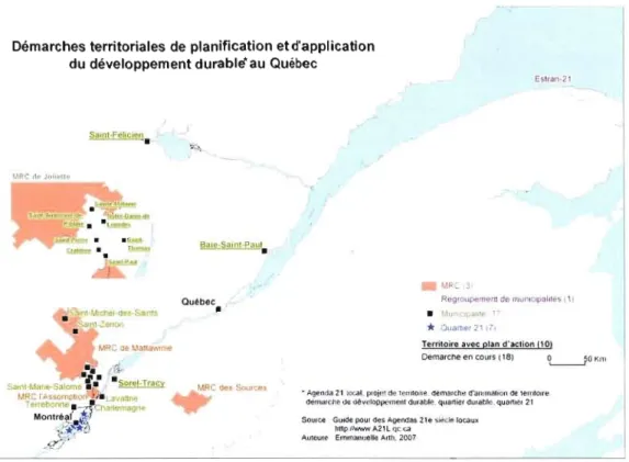Figure  1.3  Démarches  territoriales  de  planification  et  d'application  du  DD  au  Québec  (Source:  htlP:l/www.A21L.qc.l:a/954-.J- fLhulll4iquebec) 