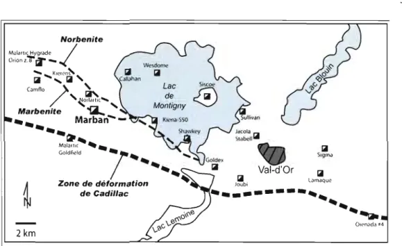 Figure 2:  Carte de  localisation de Marban dans la région de  Val-d'Or (modifiée de  Goutier et  Melançon, 2007, et de  Doucet et al., 2007)
