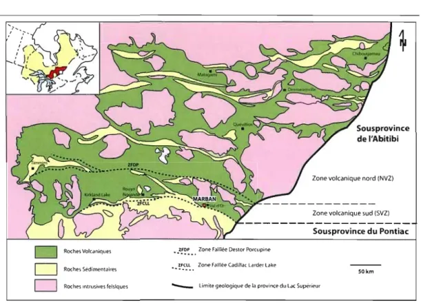 Figure  1.1:  Géologie  simplifiée  de  la  sous-Province  de  l'Abitibi  et  localisation  du  gisement  de  Marban (modifiée de Pilote et al.,  1998, et de Daigneault et al.,  2002)