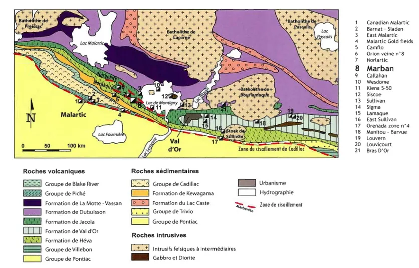 Figure 2.1:  Carte géologique simplifiée montrant les  unités  encaissant les  principaux dépôts minéralisés autour des villes de Val  d'Or et de Malartic
