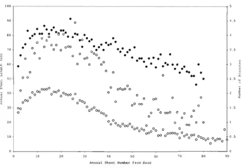 Figure  1.1  Number  of  branches  (nodal  and  internodal)  compared  to  annual  shoot  length  as  a  function  of annual  shoot  number 