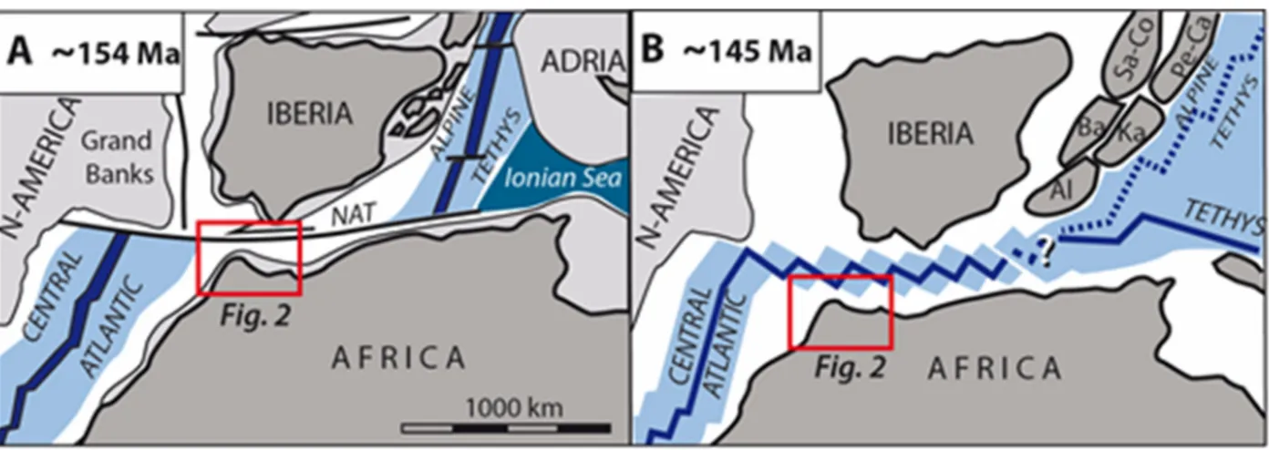 Figure 1. Two models of connection between Central Atlantic and Alpine Tethys, after A, Rosenbaum et al
