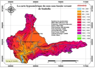 Figure 1. Carte hypsométrique du sous sous bassin versant de  Soubella.
