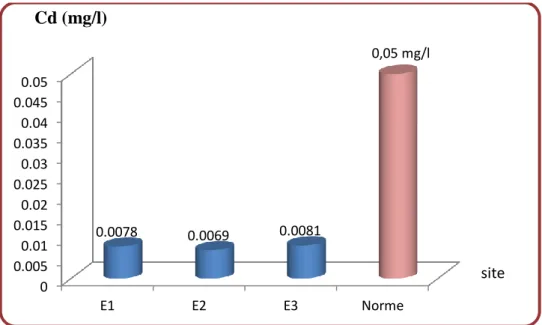 Figure 16. Teneurs des effluents urbains de la ville de Sétif en Cadmium et norme algérienne  des eaux d’irrigation  