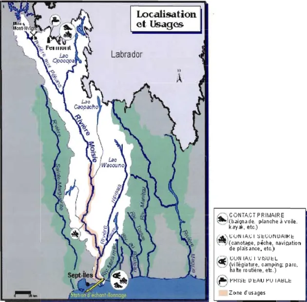 Figure 1.3  : Localisation humaine et utilisation du bassin versant de la rivière Moisie  Source: Gouvernement du  Québec, ministère du  Développement durable, de 