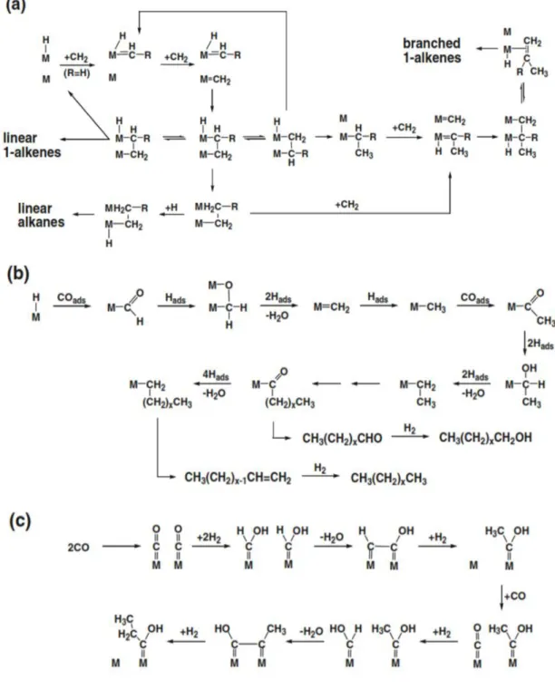 Figure I.2: Mechanisms of FT synthesis: (a) CH 2  insertion, (b) CO 2  insertion, (c) enol  [22]