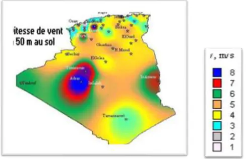 Fig. I.9Carte annuelle de la vitesse moyenne du vent    50m du sol en (m/s) en Algérie, [8]
