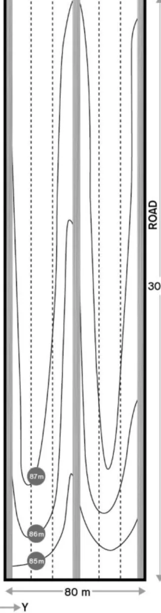 Fig. 5 . Delimitation of the experimental setup with its open drains, subsurface drainage system and two beds