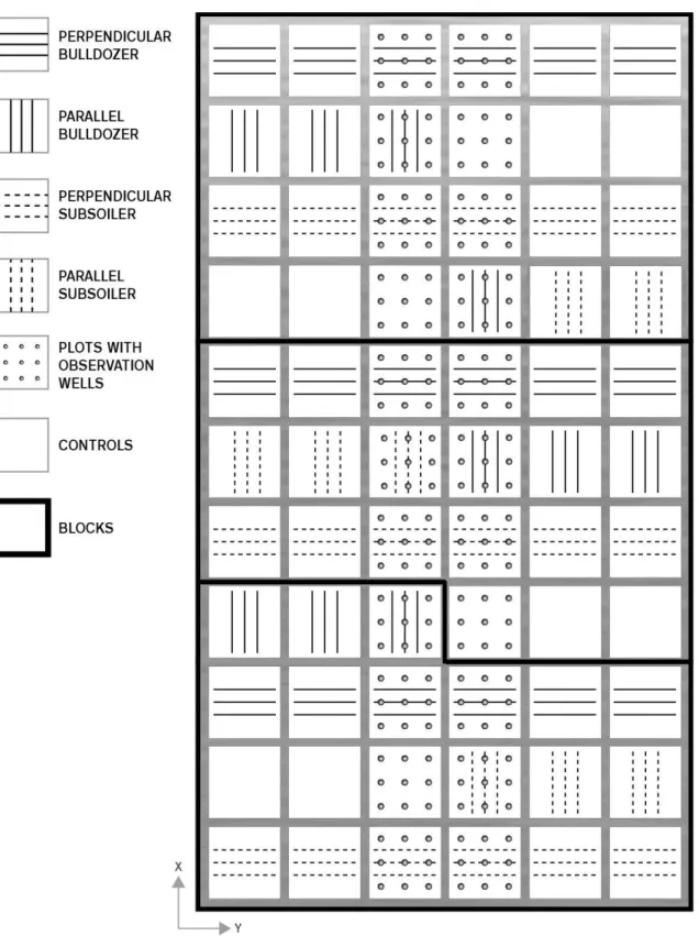 Fig. 7.  Subsoiling treatments allocation and observation wells location on experimental setup