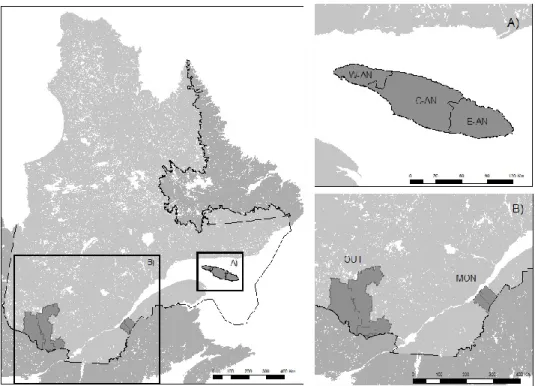 Figure 1. The three study areas (Québec, Canada). A) Anticosti Island divided into three  regions: western (W-AN), central (C-AN), and eastern (E-AN)
