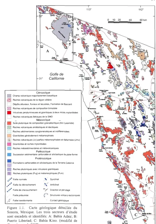 Figure  1.1.  Carte  géologique  détaillée  du  Sonora,  Mexique.  Les  trois  secteurs  d'étude  sont  encadrés  et  identifiés:  A:  Bahia  Adair;  B: 