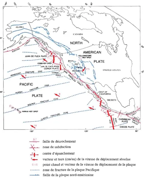 Figure  1.3.  Carte  tectonique  de  la  zone  de  limite  des  plaques  Pacifique  et  nord­