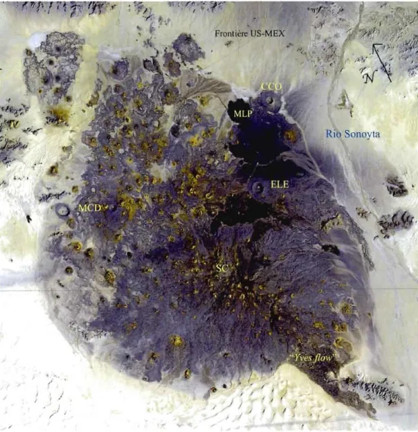 Figure  1.7.  Image  satellite  du  Pinacate  et  localisation  des  cratères  phréatomagmatiques  du  Cerro  Colorado  (CCO),  de  l'Elegante (ELE)  et  de  Mc  Dougall  (MCD),  le  volcan  Santa  Clara  (SC)  ainsi  que  les  coulées  basaltiques  récent