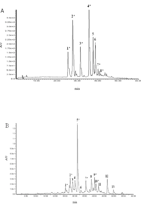 Figure  10.  HPLC-PDA  representative  chromatograms  of  flavonoids  from  Rhamnus  alaternus  leaves (visualized at at 350nm)