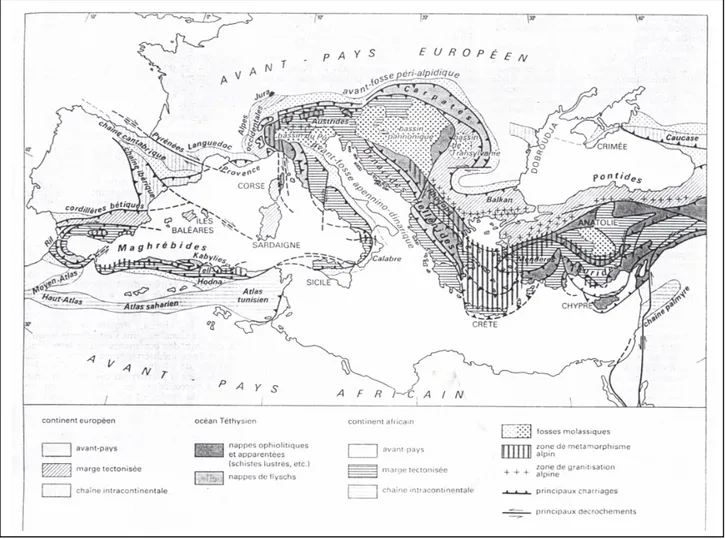 Figure I.1 : Situation des principales régions et structures géologiques en Méditerranée, (JEAN  AUBOUIN) 