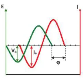 Figure 2.13. Déphasage entre la perturbation électrique en potentiel d'entrée et le signal  de sortie en courant