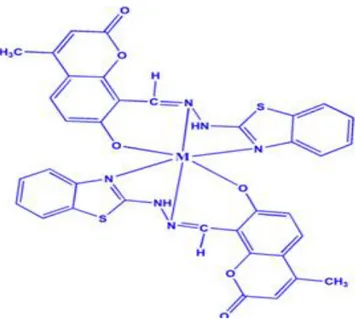 Figure 16: Structure de complexe de base de Schiff 8-formyl-7-hydroxy-4-methylcoumarin        et 2-hydrazino benzothiazole (Shailaja et al., 2018)