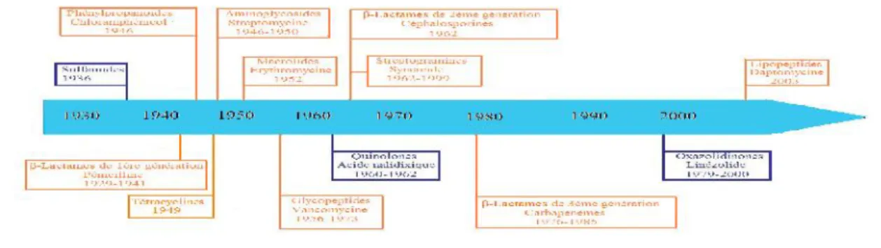 Figure I.27: Découverte et premières utilisations cliniques des principaux antibiotiques d’origine naturelle et d’origine synthétique.