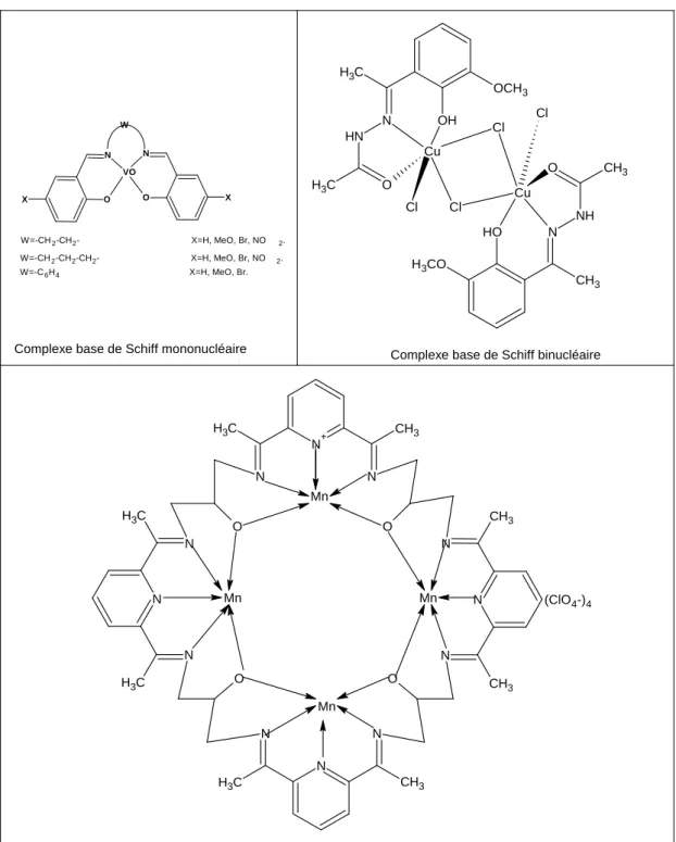 Figure I.2: Quelques exemples de complexes bases de Schiff   mono-, bi-, polynucléaires  30, 31, 32