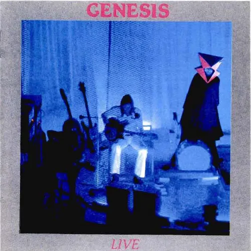 Figure  1.2  L'image de  la  pochette du  disque  Genesis  Live  (1973)  : on  y voit,  de gauche  à droite,  Mike  Rutherford,  Steve  Hackett  et  Peter  Gabriel  en  personnage  titre  de  la  chanson  «  Watcher  of the  Skies  »,  lors du  spectacle  